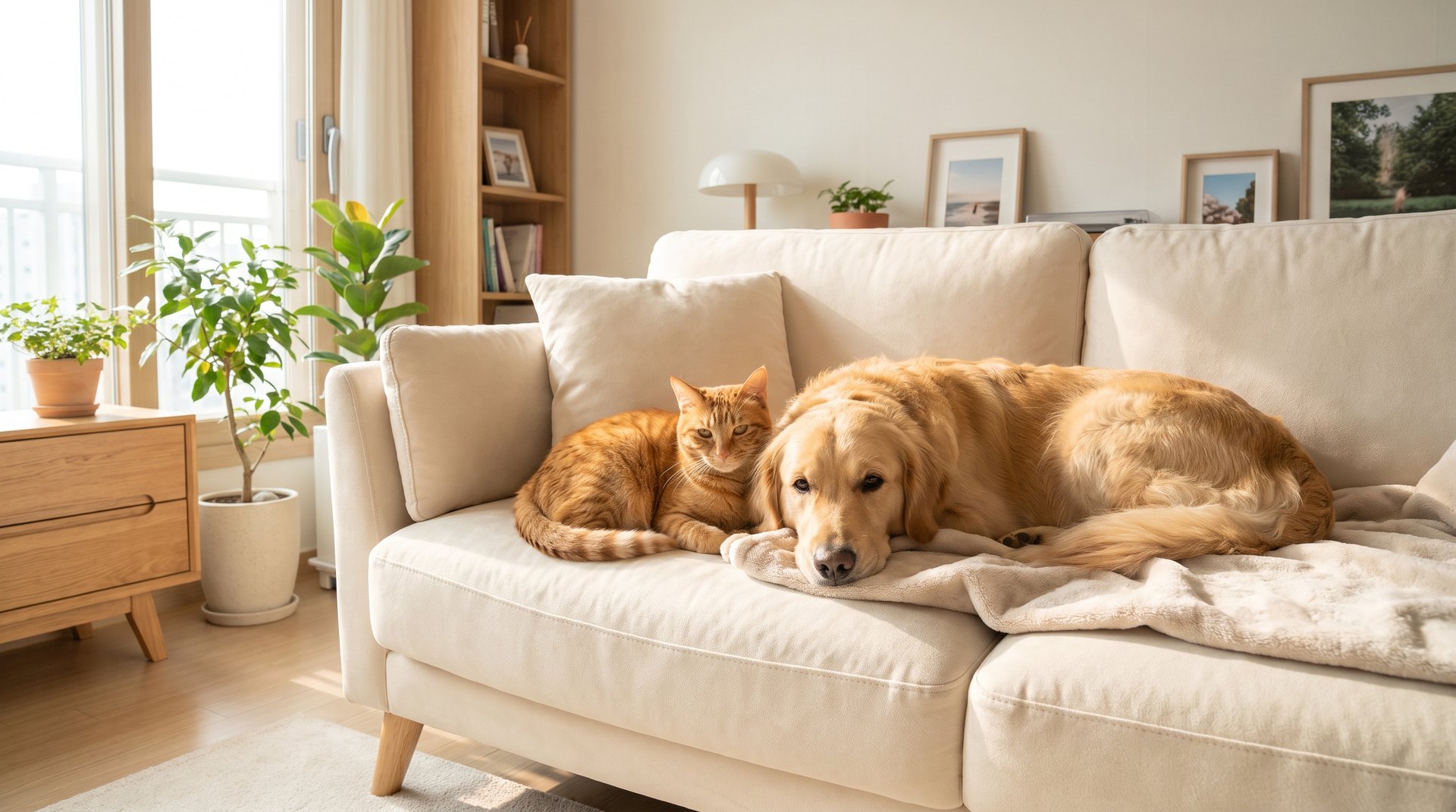A healthy cat and dog resting calmly together at home, a reminder to watch for early signs of illness