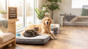 A dog and cat resting comfortably in a bright, clean pet hotel boarding suite in Kuwait