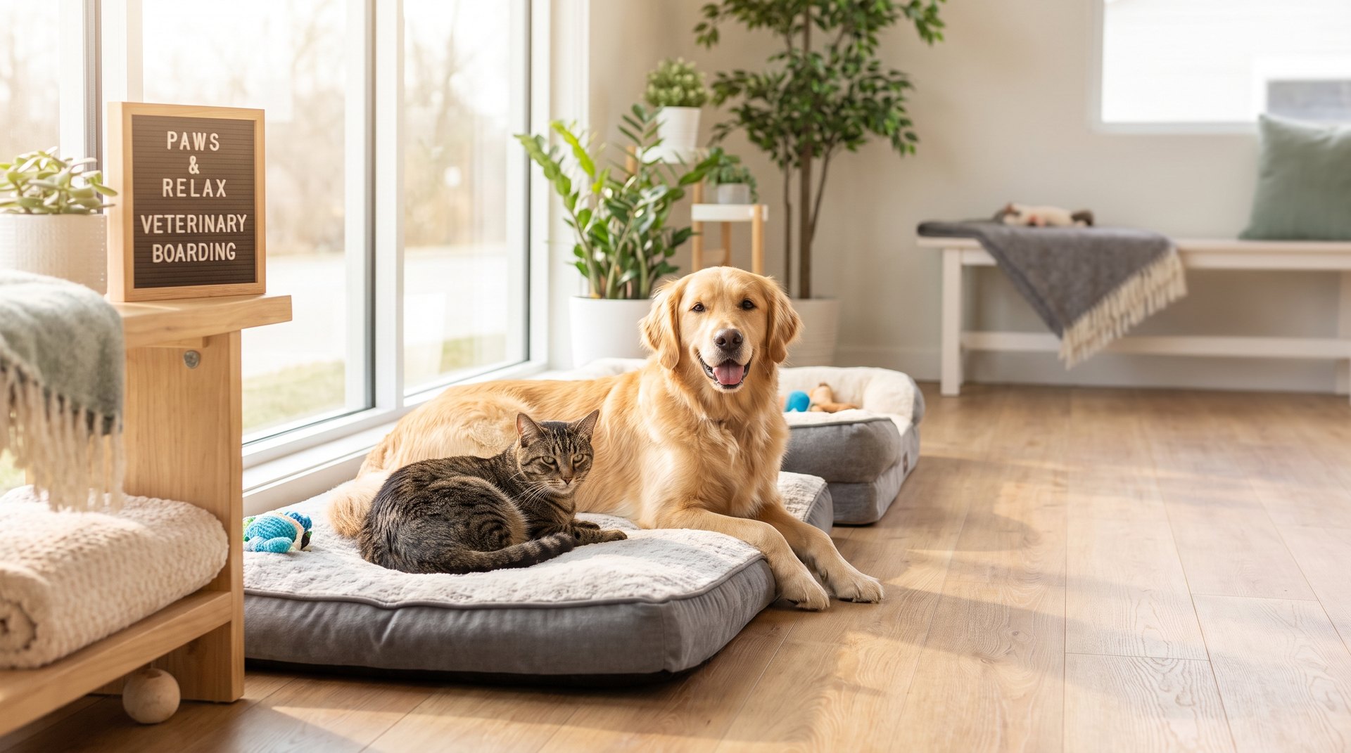 A dog and cat resting comfortably in a bright, clean pet hotel boarding suite in Kuwait