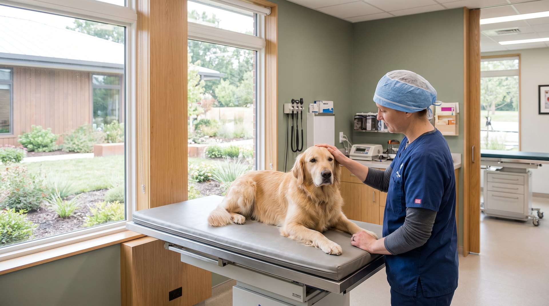 A calm dog resting on a vet exam table while a veterinarian reassures it before surgery