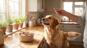 A happy dog looking up eagerly at a healthy treat, with a bowl of dog treats on a kitchen counter