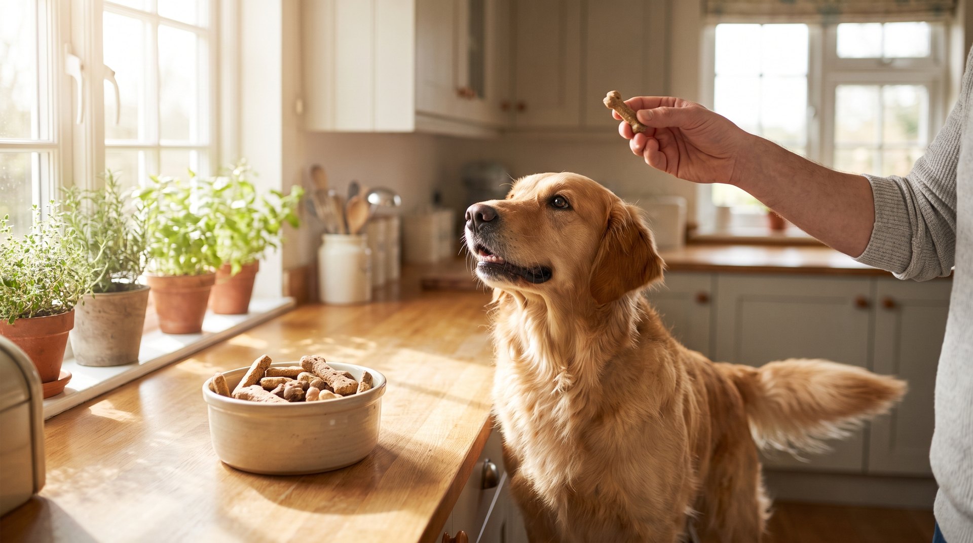 A happy dog looking up eagerly at a healthy treat, with a bowl of dog treats on a kitchen counter
