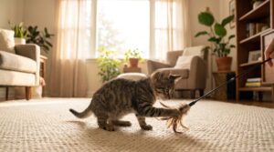 A playful kitten pouncing on a feather wand toy, showing how to redirect kitten play biting onto toys instead of hands.