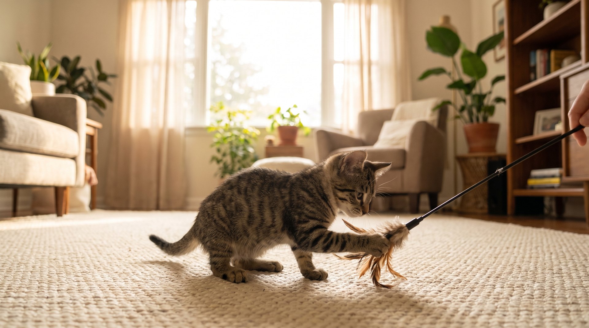 A playful kitten pouncing on a feather wand toy, showing how to redirect kitten play biting onto toys instead of hands.
