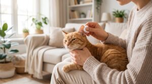A pet owner gently checking and cleaning a calm cat's ears at home with a cotton ball.