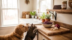 Everyday foods toxic to pets, including grapes, onion, garlic, and chocolate, on a kitchen counter with a curious cat and dog nearby