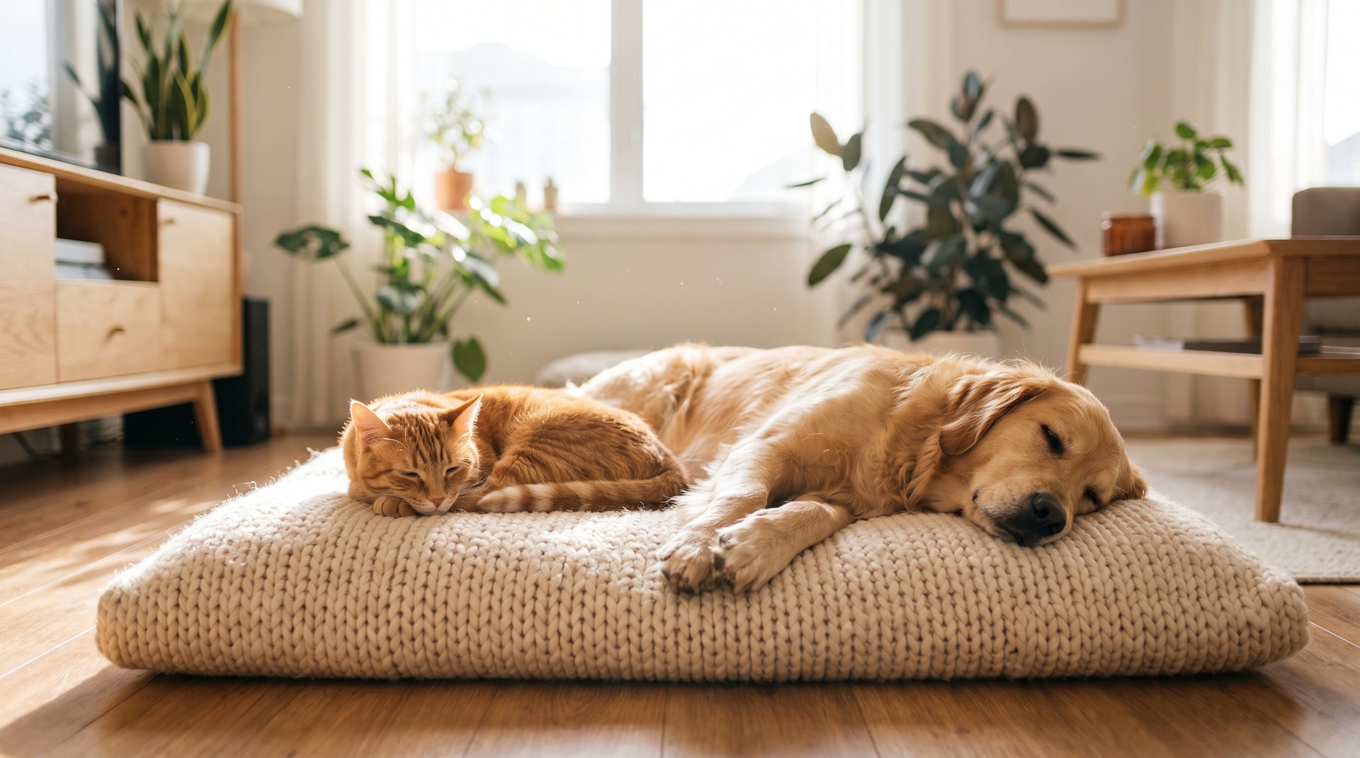 A cat and a dog sleeping peacefully together at home, illustrating a guide on when a pet sleeping too much is a concern.